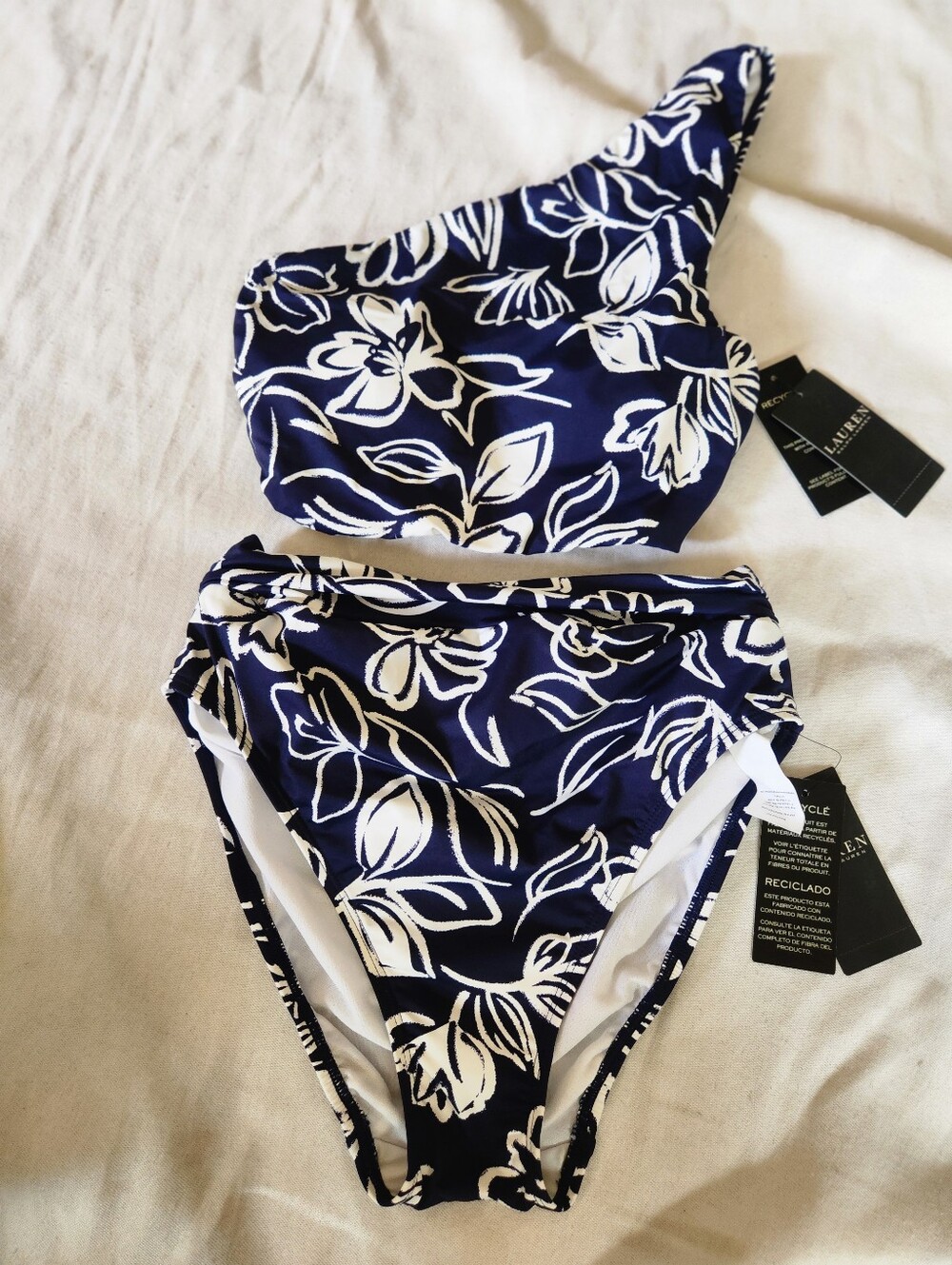 NWT Lauren Ralph Lauren Navy Floral One Shoulder Bikini Set Women's Size 4